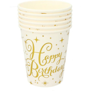 Kubeczki Papierowe Złote Happy Birthday 220ml 6szt