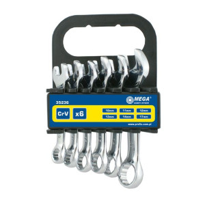 35236 Klucze oczkowo-płaskie krótkie CrV zestaw 6 elementów., 10-17mm, Mega