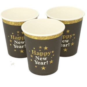 Kubeczki Happy New Year Gwiazdki 6szt Czarno Złote
