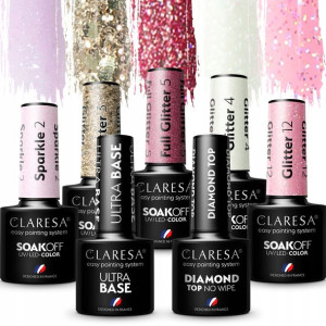 5+2 CLARESA Lakiery hybrydowe top baza GLITTER