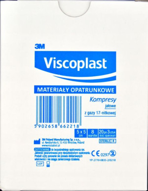 20 SZT VISCOPLAST Jałowe kompresy gazowe 5 x 5 cm