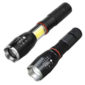 Latarka taktyczna z mocną diodą 2x LED COB U3 ZOOM USB 300m IPX4 zestaw uch