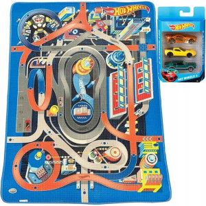 Zestaw 4 samochodzików Hot Wheels + Piankowa mata 120 x 90 cm