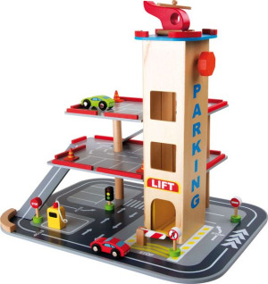 Drewniany parking 3-poziomowy 2 samochodziki helikopter