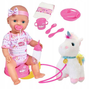 Lalka funkcyjna New Born Baby i Lucky interaktywny jednorożec na smyczy