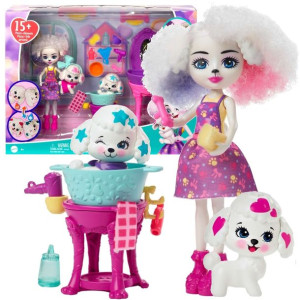 Zestaw Enchantimals Salon piękności pudelków lalka Perris Poodle + akcesori