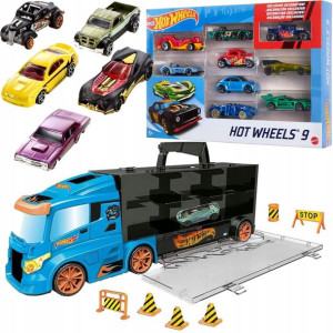 Hot Wheels Ciężarówka Transporter 40 + autko, znaki drogowe i 9-pak zestaw
