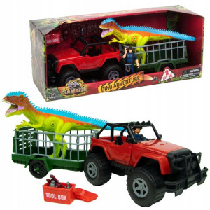 Zestaw dinozaur, pojazd z przyczepą, figurka myśliwego Savage Dino Adventur