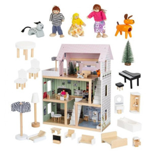 Domek Dla Lalek Drewniany Led 62X27X77 Cm + 3 Lalki + Kotek I Piesek