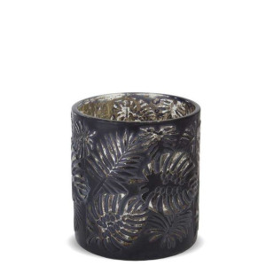 Świecznik odbite liście szklany czarny wys.8cm