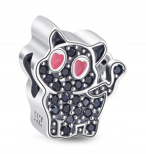 Zawieszka Srebro 925 Charms Koralik Czarny Kot
