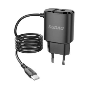 Dudao ładowarka sieciowa 2x USB z wbudowanym kablem USB Typ C 12 W czarny (