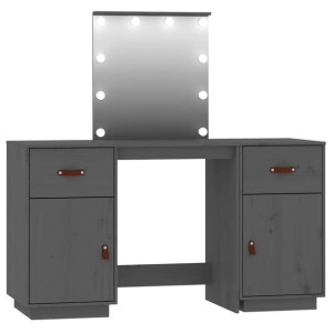 Toaletka z LED, szara, lite drewno sosnowe
