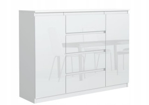 Biała Komoda 140cm 4 Szuflady 2 Drzwi Front Połysk