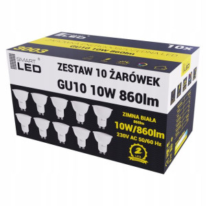 10x ŻARÓWKA LED GU10 10W Zimna Biała - 6500K