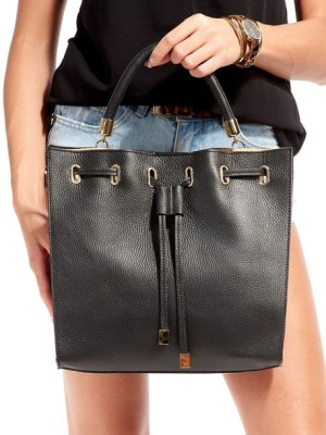 Kwadratowy shopper bag ściągany troczkiem, skóra naturalna — Rovicky