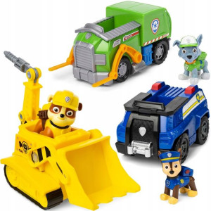 Psi Patrol Rocky, Rubble i Chase figurki + pojazdy radiowóz śmieciarka i bu