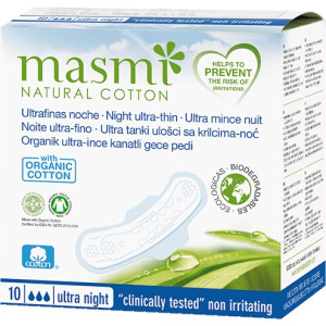 Masmi, ultra cienkie bawełniane podpaski ze skrzydełkami na noc, 10 szt.