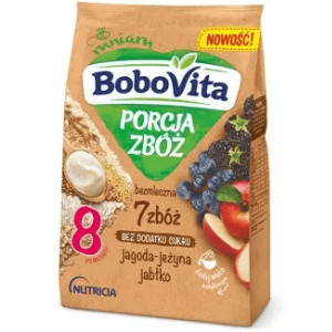 BoboVita Porcja Zbóż, kaszka bezmleczna 7 zbóż, jagoda, jeżyna 8 m+, 170 g