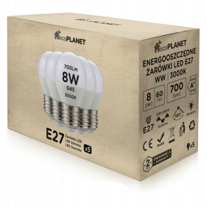 5x Żarówka LED E27 8W G45 Kulka Barwa Ciepła 700LM