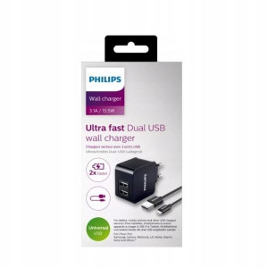 Szybka Ładowarka 3A Philips 2X Usb + Kabel Typ C Qc