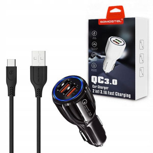 Ładowarka Samochodowa 2xUSB QC 3.0 + Kabel Typ C 31000mA