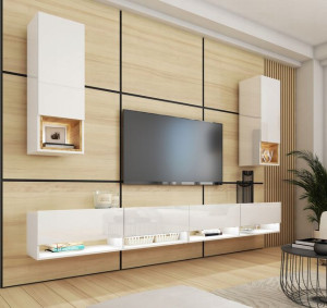 Meble białe połysk Szafki RTV Półki 280 cm PREMIUM