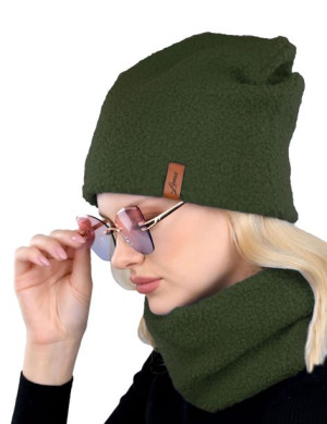 Zimowy komplet damski z bukli - czapka z szalem typu komin - khaki