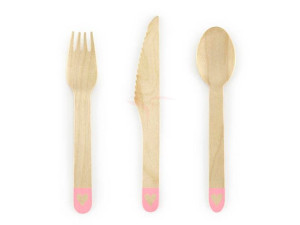 Sztućce drewniane - Serca - Różowe - 16 cm - 18 szt.