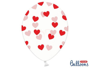 Balony 30 cm - Czerwone Serduszka - Crystal Clear - 6 szt.