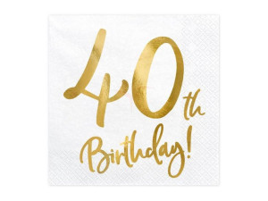 Serwetki 40th Birthday - 40 urodziny - białe - 33x33cm - 20 szt.