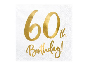 Serwetki 60th Birthday - 60 urodziny - białe - 33x33cm - 20 szt.