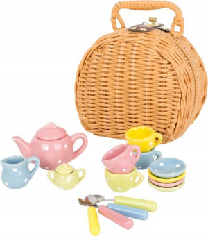 Wiklinowy koszyk piknikowy 18 części porcelana naczynia sztućce