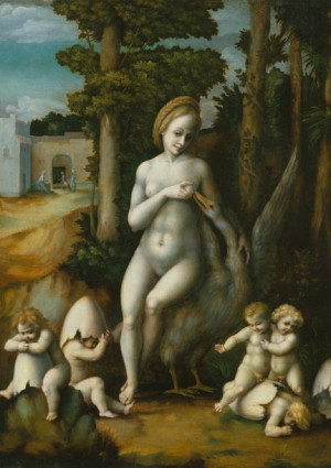 Plakat 29,7x42 Leda i łabędź, Bachiacca (Francesco d'Ubertino Verdi)