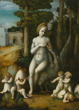 Plakat 39,5x55 Leda i łabędź, Bachiacca (Francesco d'Ubertino Verdi)