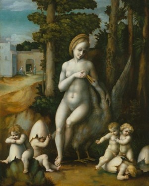 Plakat 40x50 Leda i łabędź, Bachiacca (Francesco d'Ubertino Verdi)