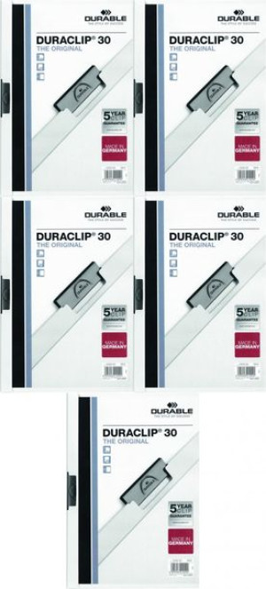 Skoroszyt plastikowy z klipsem Durable Duraclip A4 do 30 kartek biały x5