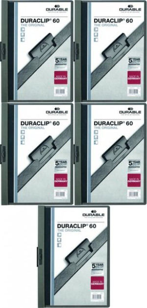 Skoroszyt plastikowy Durable DuraClip A4 do 60 kartek grafitowy x5