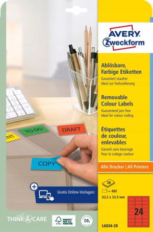 Etykiety usuwalne AVERY 210x297 mm czerwone
