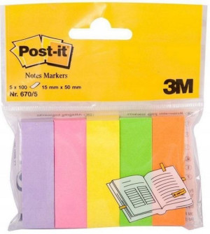 Zakładki indeks. Post-it 15x50mm 5x100szt. mix