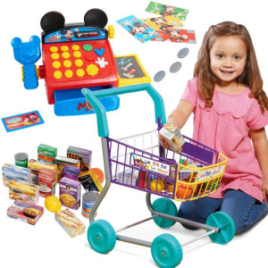 Casdon Wózek sklepowy z zakupami 48 cm+Kasa sklepowa Myszka Mickey