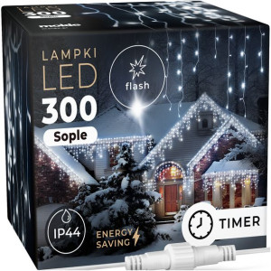 Lampki Zewnętrzne Sople 300 Led Timer Wodoodporne