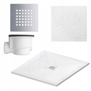 Brodzik Niski Biały Konglomerat 90x90 Cm Zestaw Syfon + Maskownica