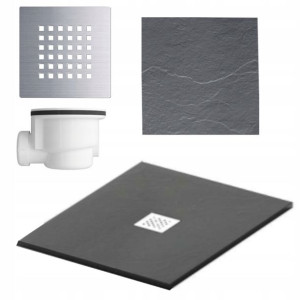 Brodzik Niski Ciemnoszary Konglomerat 90x90 Cm Zestaw Syfon + Maskownica