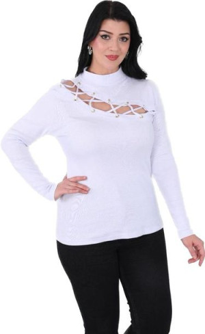 Bluzka Prążkowana Z Długim Rękawem Plus Size Biała Uni
