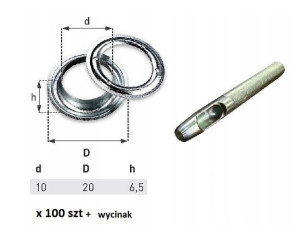 Oczka nierdzewne 100 szt fi10 + wycinak