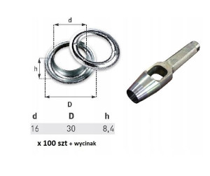 Oczka nierdzewne 100 szt fi16 + wycinak