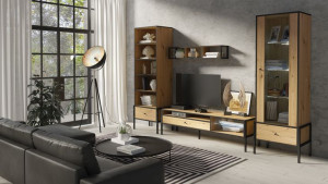 MEBLOŚCIANKA Styl Loft Wysokie Nóżki + LED LORANA DĄB ARTISAN