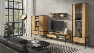 MEBLOŚCIANKA + LED Styl Loft Wysokie Nóżki  LORANA DĄB ARTISAN