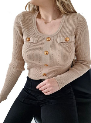 Bluzka Wiskozowa Z Guziczkami Beżowa Ciepła Beż Brąz